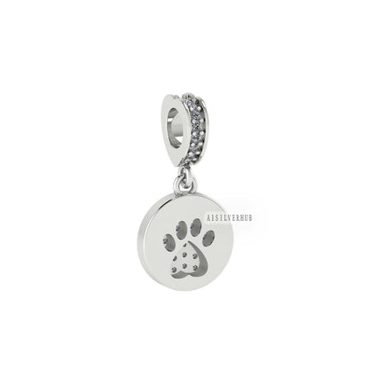 925 Sterling Silver Dog Paw Print Charm For Bracelet with Clear Cubic Zirconia - Perfect Gift for Christmas and Keepsake Memorial, Pet Lover