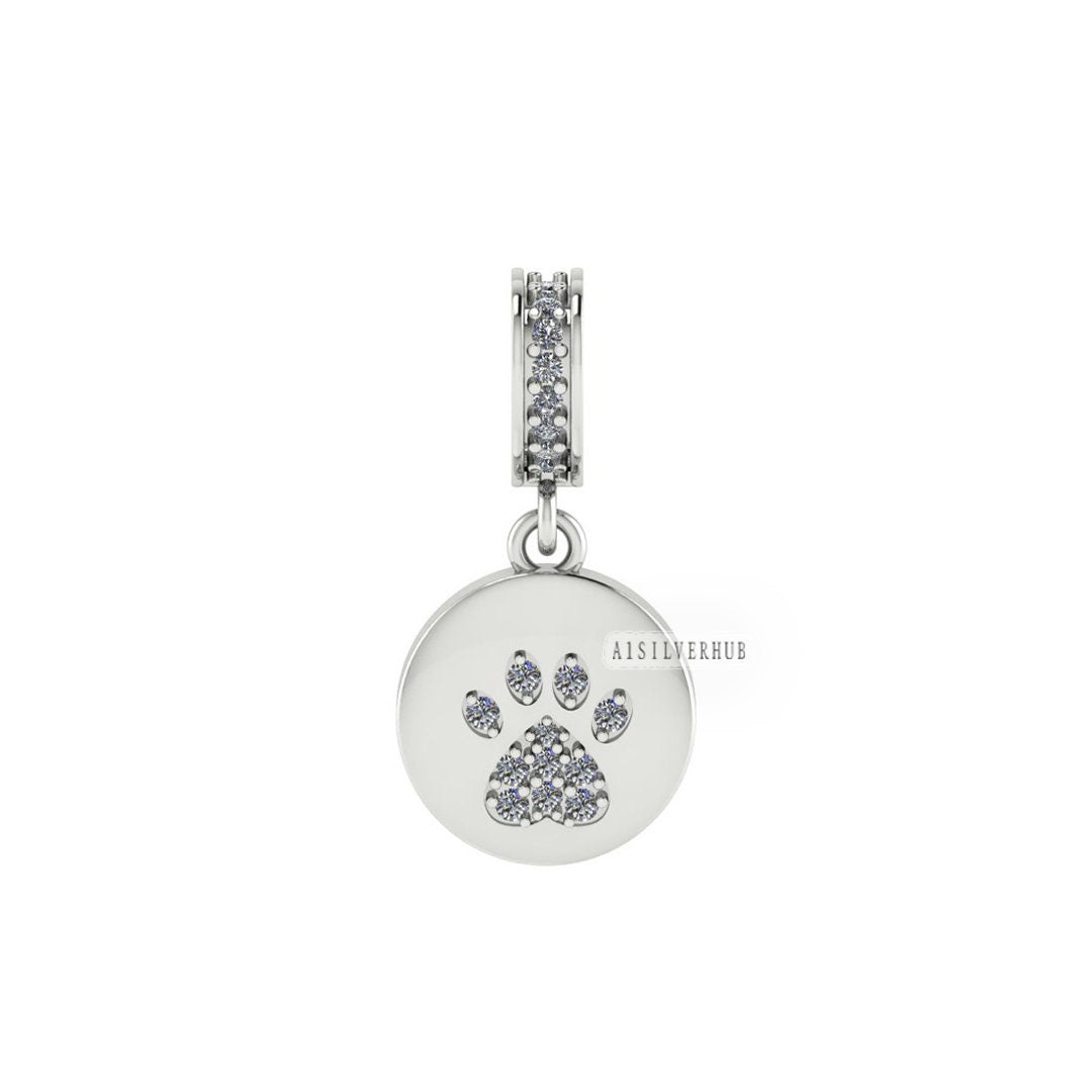 925 Sterling Silver Dog Paw Print Charm For Bracelet with Clear Cubic Zirconia - Perfect Gift for Christmas and Keepsake Memorial, Pet Lover