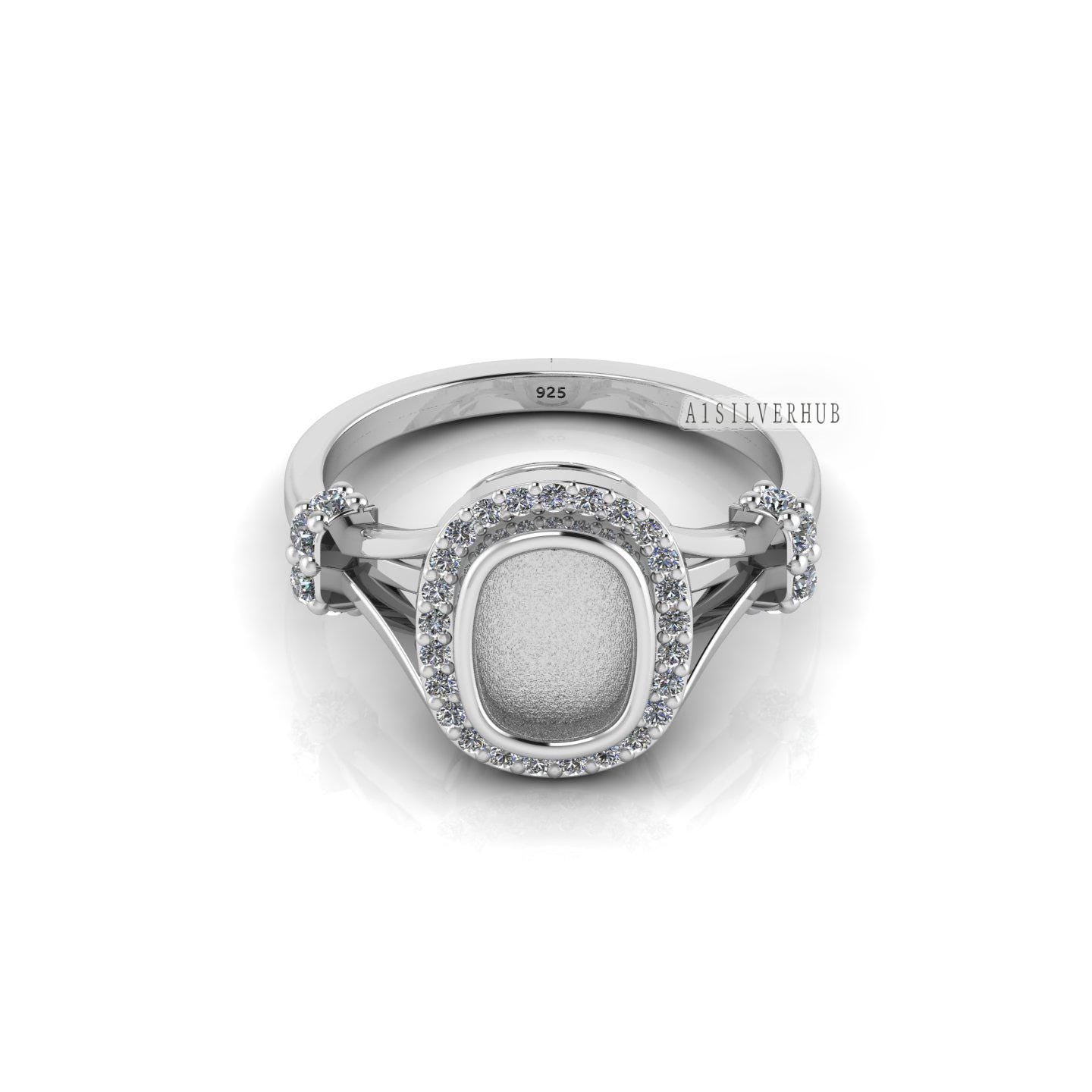 925 Sterling Solid Silver 8x6mm Cushion Blank Bezel with CZ Setted Ring, Good for Resin & Ashes Work Breastmilk DIY Crafts, Keepsake Jewelry