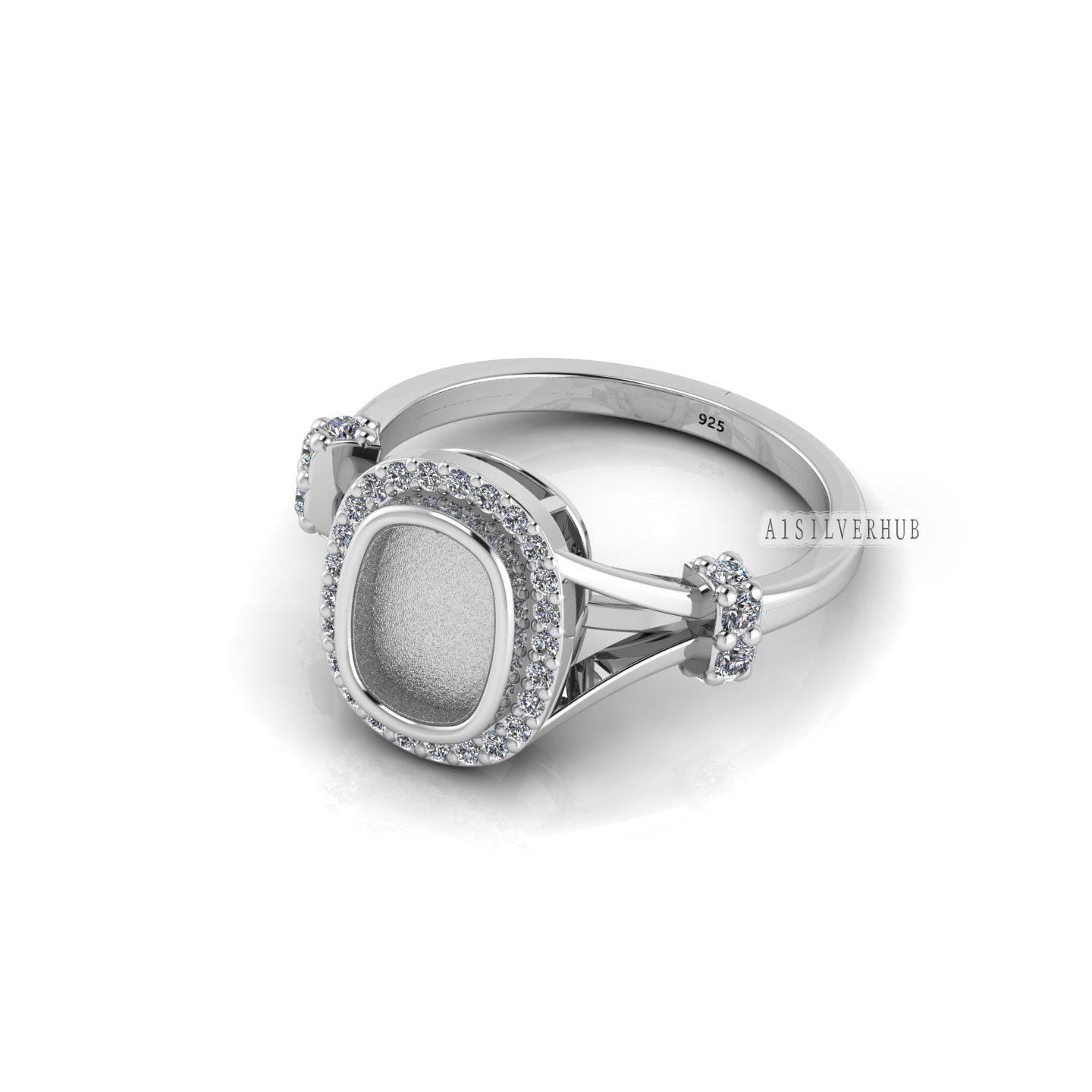 925 Sterling Solid Silver 8x6mm Cushion Blank Bezel with CZ Setted Ring, Good for Resin & Ashes Work Breastmilk DIY Crafts, Keepsake Jewelry