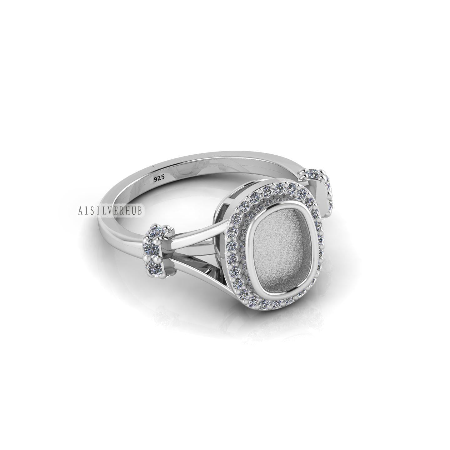 925 Sterling Solid Silver 8x6mm Cushion Blank Bezel with CZ Setted Ring, Good for Resin & Ashes Work Breastmilk DIY Crafts, Keepsake Jewelry