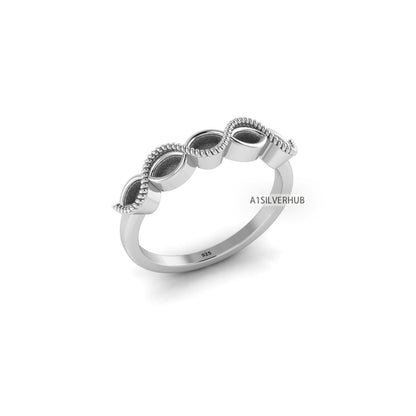 925 Sterling Silver 2x4mm Marquise Blank Bezel Half Eternity with Rope Band Ring, Good for Resin & Ashes Work, Breastmilk/Keepsake DIY Craft