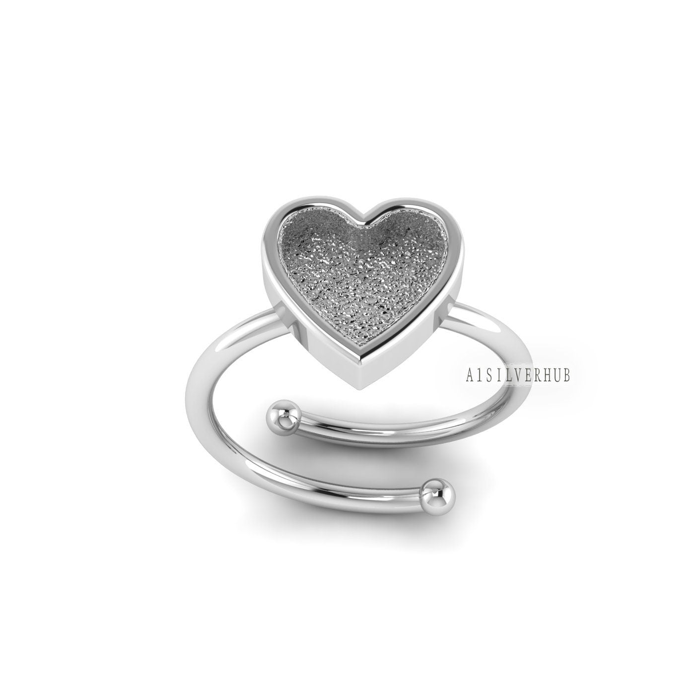 925 Sterling Solid Silver 8mm Heart Shape Blank Bezel Adjustable Ball Band Ring, Good for Resin & Ashes Work, Keepsake Breastmilk DIY Crafts