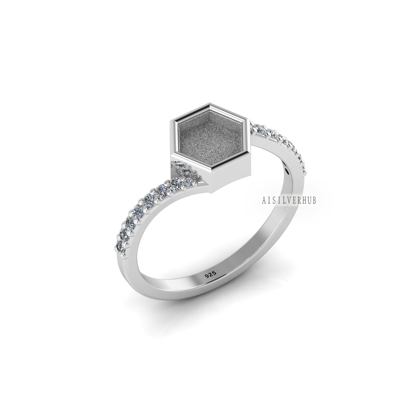 925 Sterling Solid Silver 6mm Hexagon Blank Bezel with CZ Setted on Band Ring , Good for Resin & Ashes Breastmilk DIY Work, Keepsake Ring