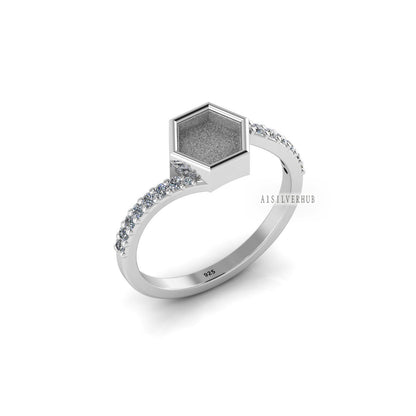 925 Sterling Solid Silver 6mm Hexagon Blank Bezel with CZ Setted on Band Ring , Good for Resin & Ashes Breastmilk DIY Work, Keepsake Ring