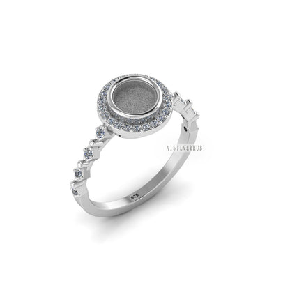 925 Sterling Solid Silver Round 6mm Blank Bezel With CZ Setted Designer Ring, Good for Gemstone, Resin & Ashes Work,Keepsake/Breastmilk DIY