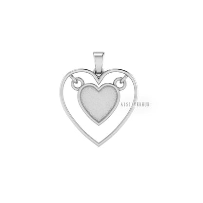 925 Sterling Solid Silver, 10mm Hanging Heart Blank Bezel Pendant Setting,Good for Resin & Ashes Work, Keepsake/Breastmilk DIY, Locket Charm