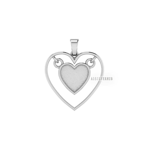 925 Sterling Solid Silver, 10mm Hanging Heart Blank Bezel Pendant Setting,Good for Resin & Ashes Work, Keepsake/Breastmilk DIY, Locket Charm