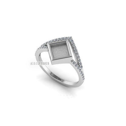 925 Sterling Silver 6x6mm Square Blank Bezel with CZ Setted Band Ring Setting, Good for Resin & Ashes Work, Keepsake/Breastmilk DIY Crafts