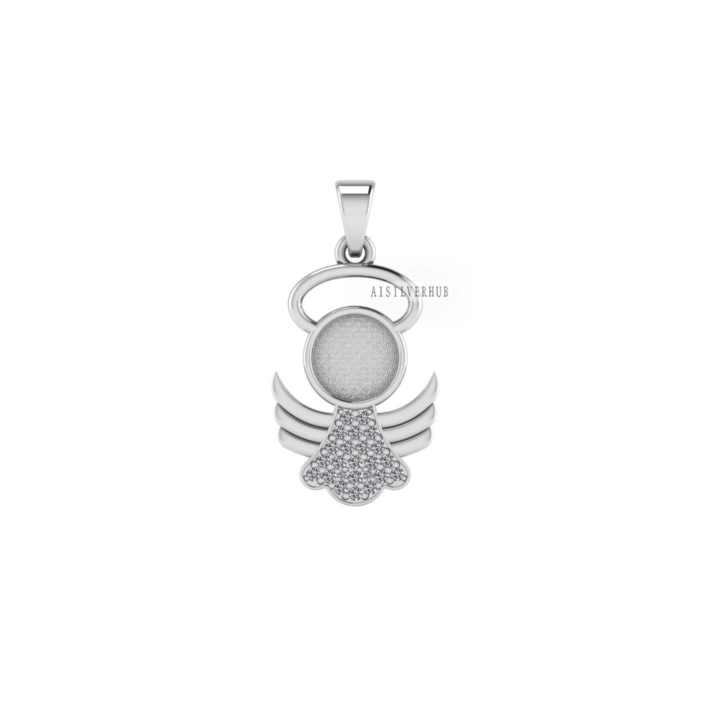 Angel Wings with CZ Setted 7mm Round Blank Bezel Pendant, 925 Sterling Silver, Good for Crush Opal, Resin & Ashes DIY Work, Keepsake Locket