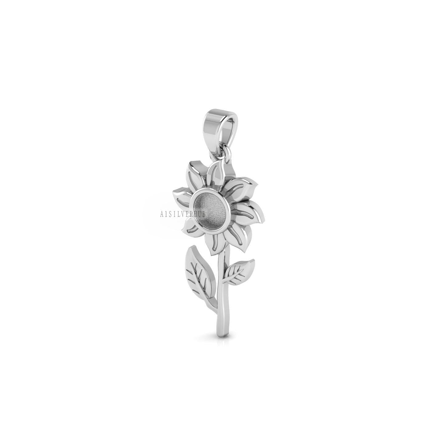 925 Sterling Solid Silver Sunflower 5mm Round Blank Bezel Pendant Setting, Good for Resin & Ashes, Breastmilk/Keepsake, DIY Crafts