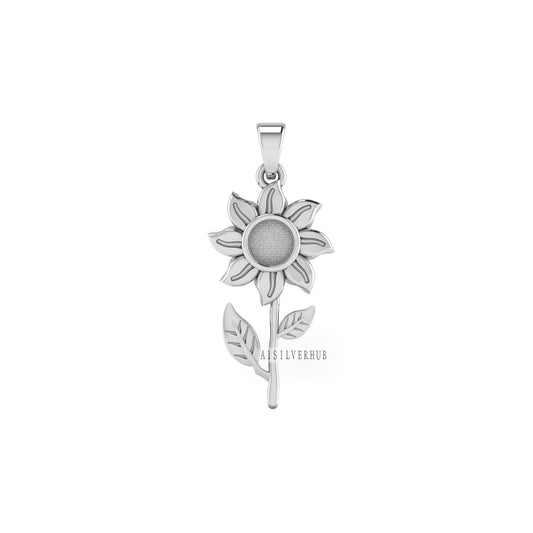 925 Sterling Solid Silver Sunflower 5mm Round Blank Bezel Pendant Setting, Good for Resin & Ashes, Breastmilk/Keepsake, DIY Crafts