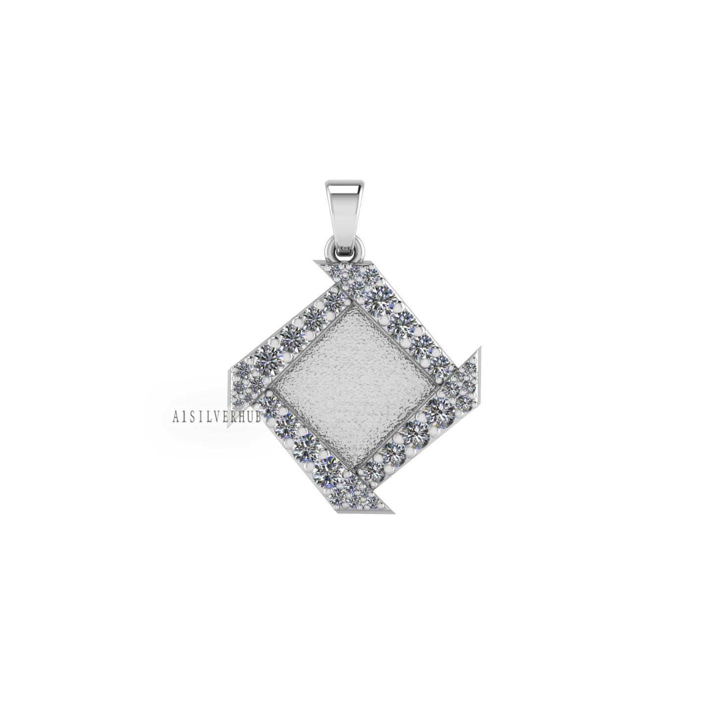 Designer Square Blank Bezel Pendant with CZ Setted, 925 Sterling Silver Pendant, Good for Resin & Ashes Work, Keepsake/Breastmilk DIY Crafts