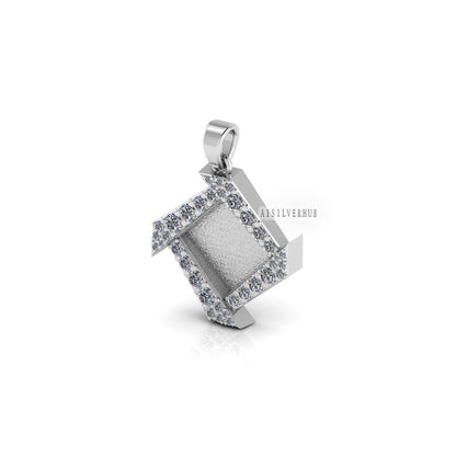 Designer Square Blank Bezel Pendant with CZ Setted, 925 Sterling Silver Pendant, Good for Resin & Ashes Work, Keepsake/Breastmilk DIY Crafts