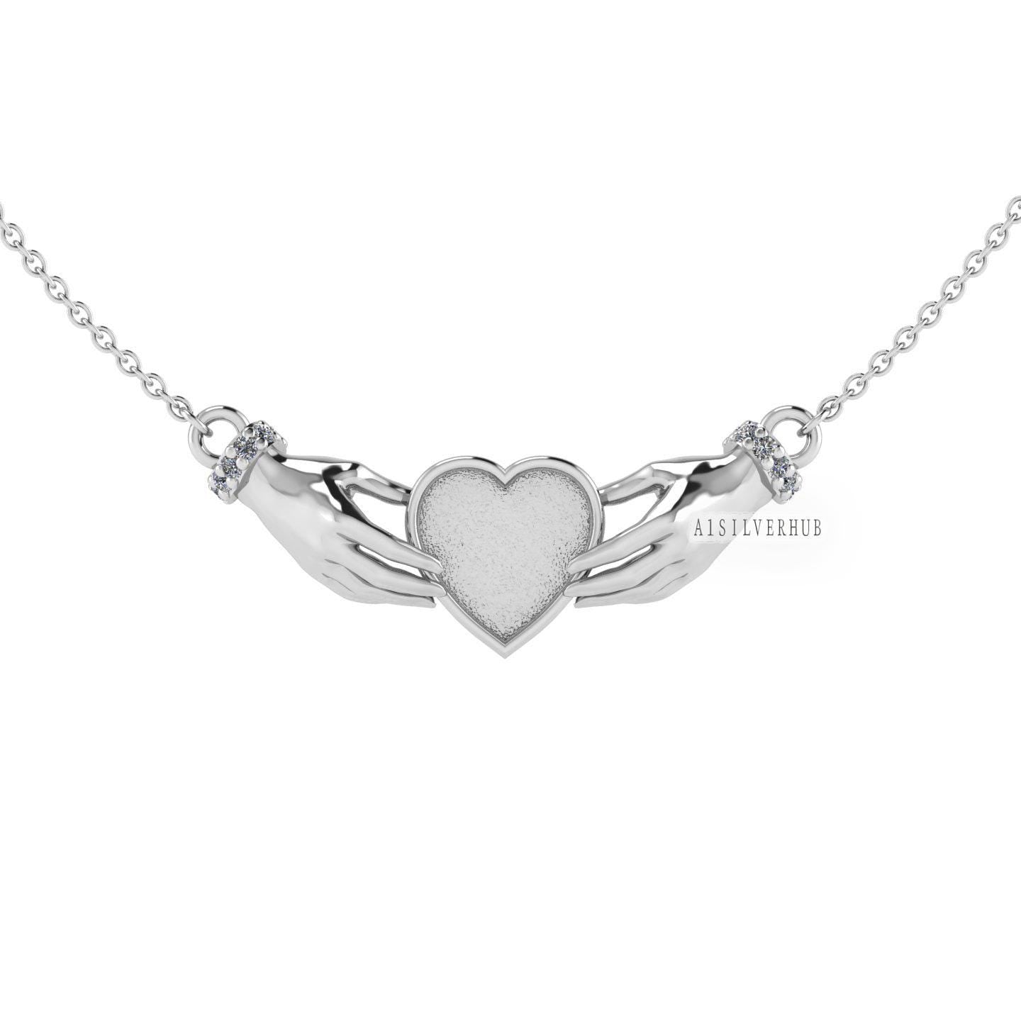 925 Sterling Silver, Iris Celtic Claddagh Necklace, 10mm Heart Blank Bezel Setting,Good for Pour Resin & Ashes Work, Breastmilk/Keepsake DIY