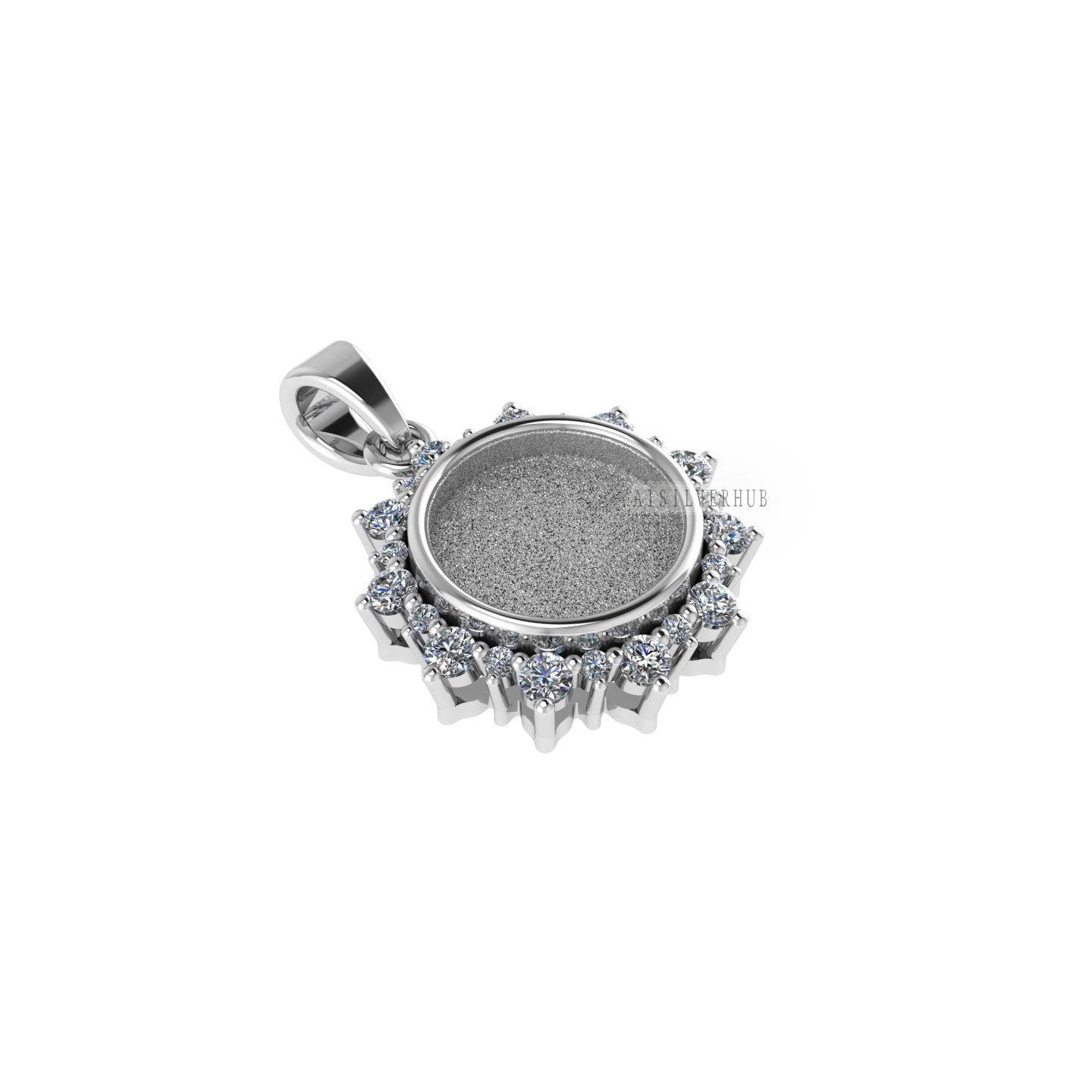 925 Sterling Silver, Circle Shape 10mm Blank Bezel Surrounded CZ Sunflower Pendant Settings, Good for Resin & Ashes Work, Keepsake DIY Craft