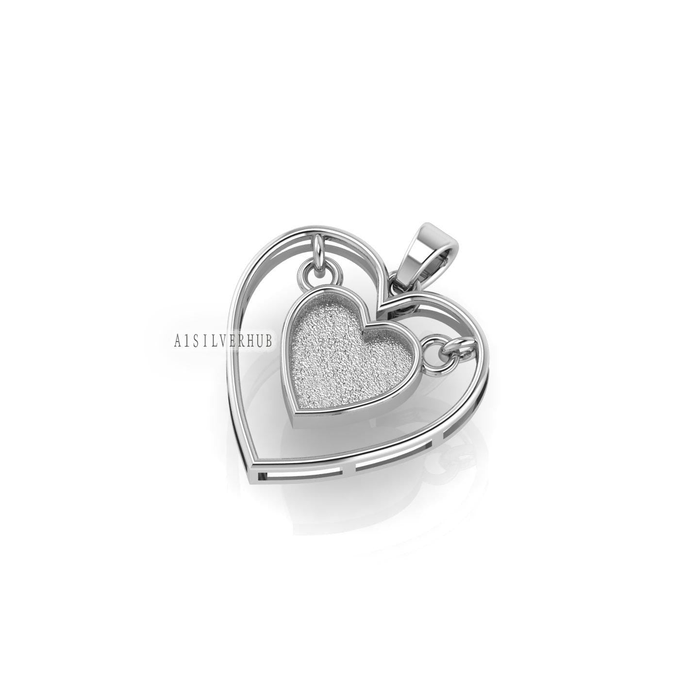 925 Sterling Solid Silver, 10mm Hanging Heart Blank Bezel Pendant Setting,Good for Resin & Ashes Work, Keepsake/Breastmilk DIY, Locket Charm