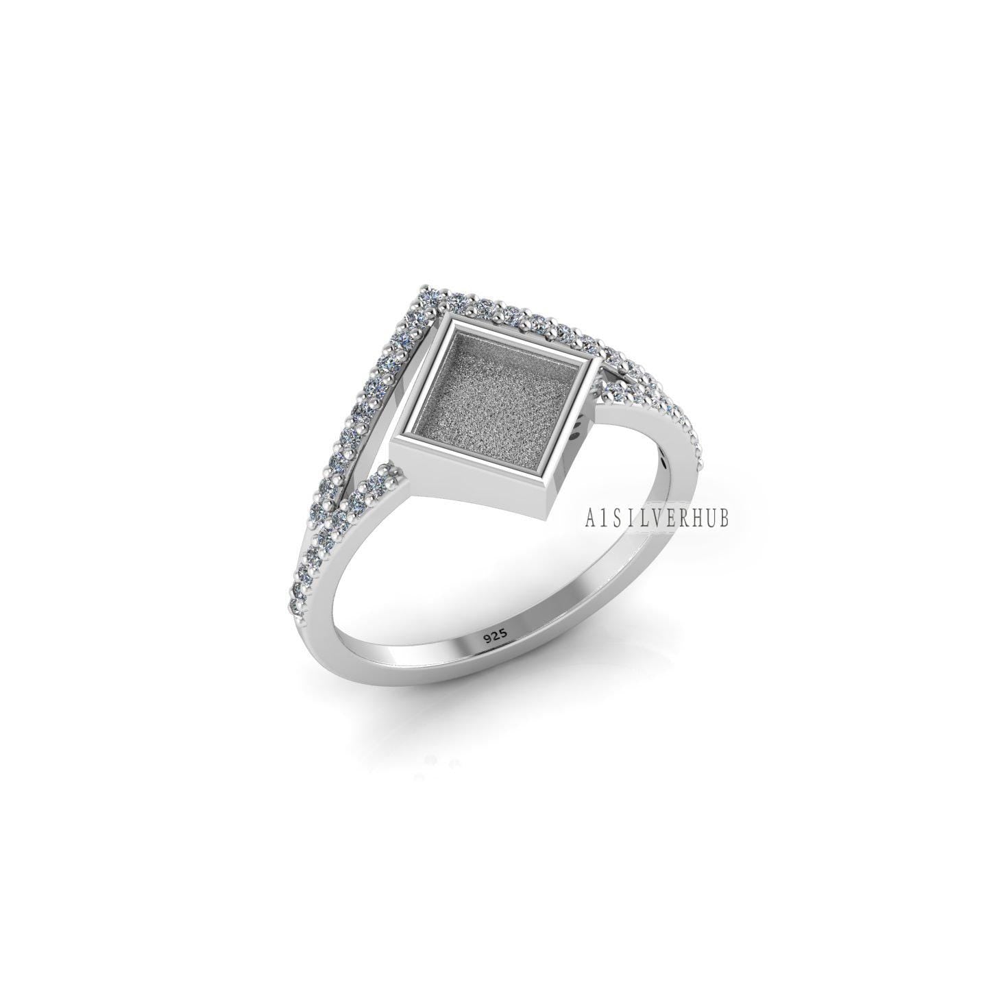 925 Sterling Silver 6x6mm Square Blank Bezel with CZ Setted Band Ring Setting, Good for Resin & Ashes Work, Keepsake/Breastmilk DIY Crafts