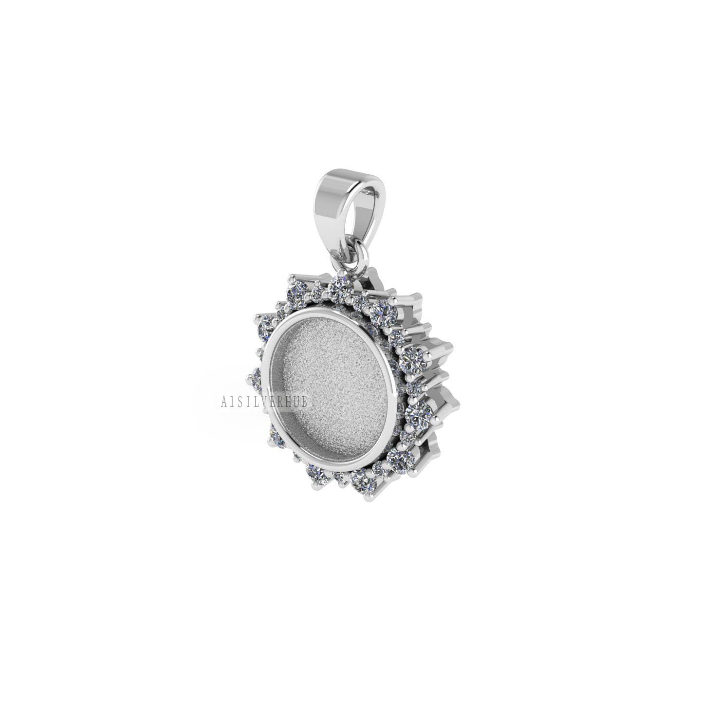 925 Sterling Silver, Circle Shape 10mm Blank Bezel Surrounded CZ Sunflower Pendant Settings, Good for Resin & Ashes Work, Keepsake DIY Craft