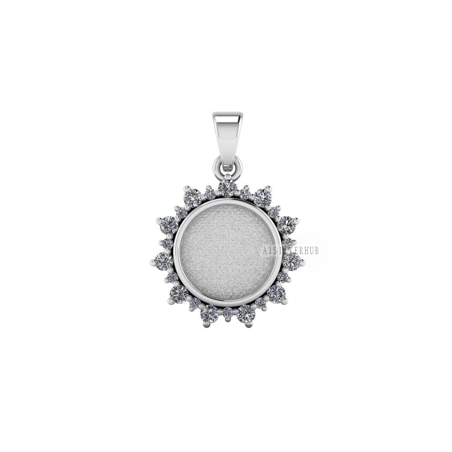 925 Sterling Silver, Circle Shape 10mm Blank Bezel Surrounded CZ Sunflower Pendant Settings, Good for Resin & Ashes Work, Keepsake DIY Craft