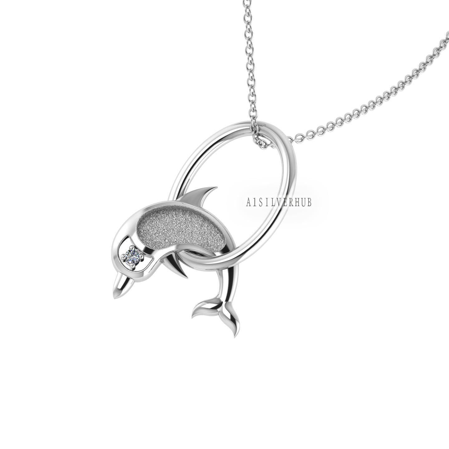 925 Sterling Solid Silver Jumping Dolphin Blank Bezel Pendant Necklace Chain, Good for Resin & Ashes Work, Keepsake/Breastmilk DIY, 16''+2''