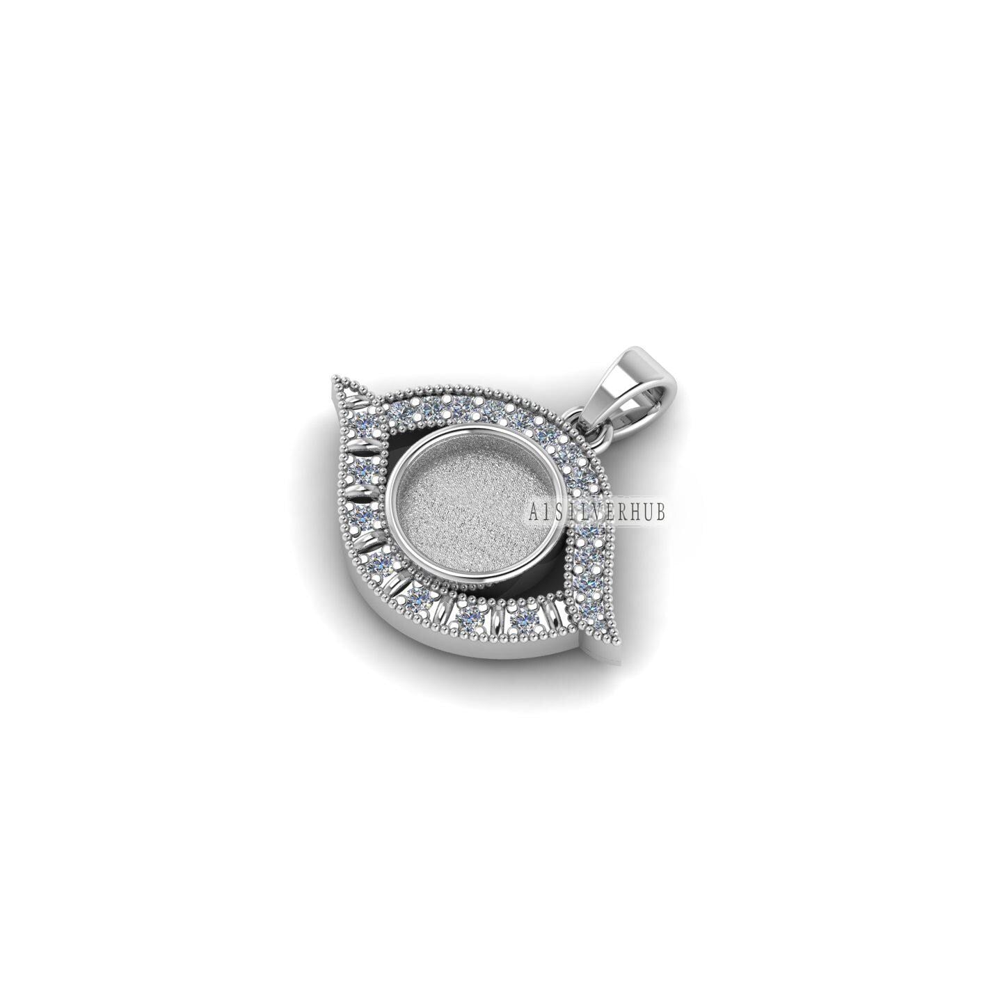 Evil Eye with Round 10mm Blank Bezel CZ Setted Pendant Setting, 925 Sterling Silver Pendant, Good for Resin & Ashes Work, Keepsake DIY Craft