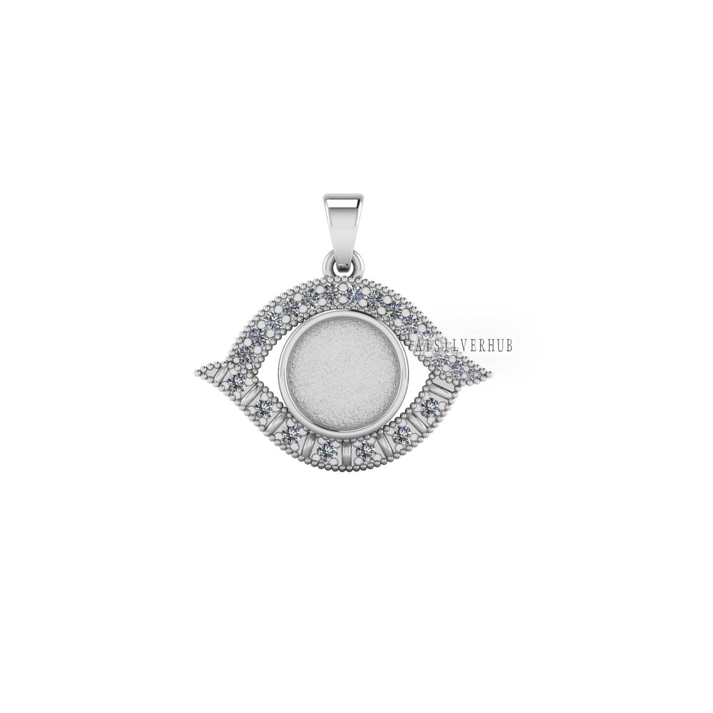 Evil Eye with Round 10mm Blank Bezel CZ Setted Pendant Setting, 925 Sterling Silver Pendant, Good for Resin & Ashes Work, Keepsake DIY Craft
