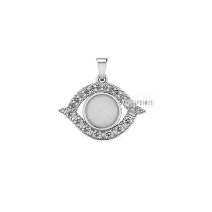 Evil Eye with Round 10mm Blank Bezel CZ Setted Pendant Setting, 925 Sterling Silver Pendant, Good for Resin & Ashes Work, Keepsake DIY Craft
