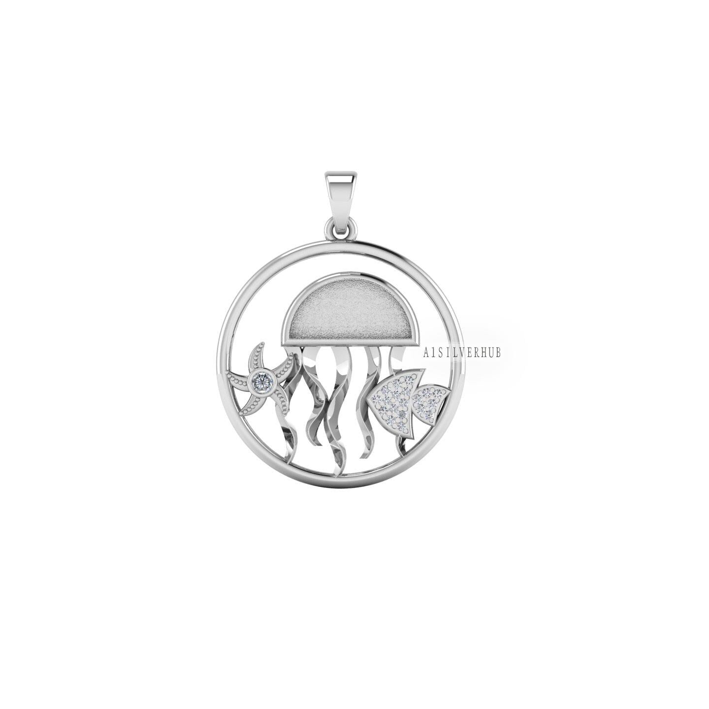 925 Sterling Silver Beach-Ocean-Sea Waves Blank Jellyfish Pendant, Good for Resin & Ashes Work Keepsake Starfish, Bijoux, Seestern Anh??nger
