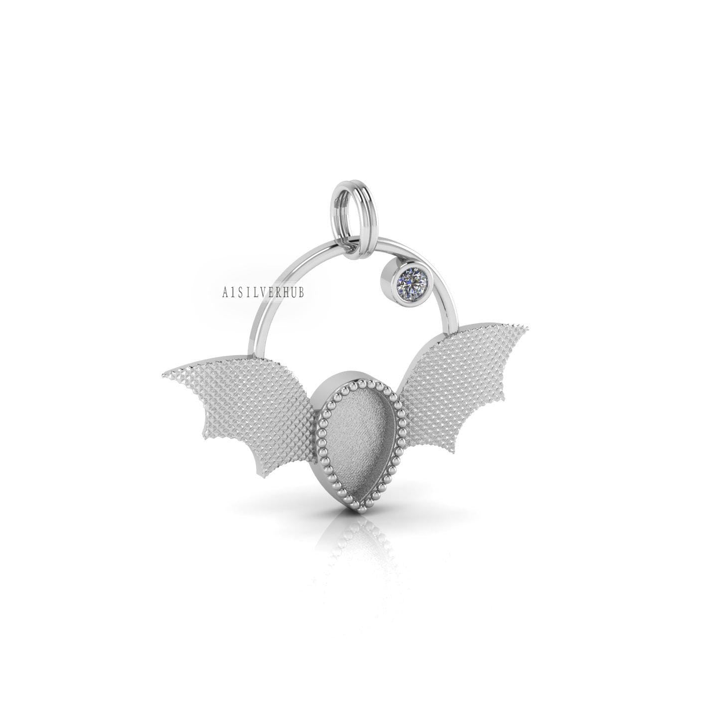 925 Sterling Silver Vampire Bat Pear 9x6mm Blank Bezel Pendant Settings, Good for Resin & Ashes Work, Memorial Keepsake/Breastmilk Crafts