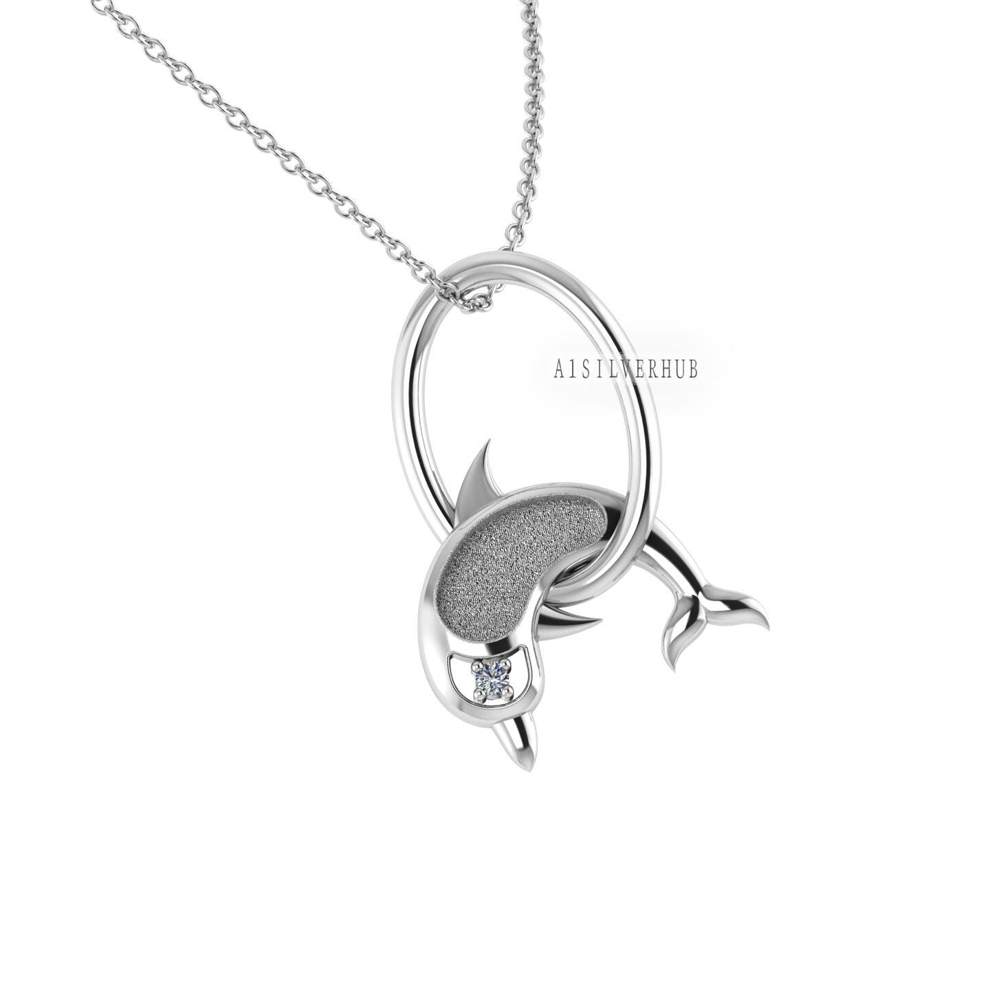 925 Sterling Solid Silver Jumping Dolphin Blank Bezel Pendant Necklace Chain, Good for Resin & Ashes Work, Keepsake/Breastmilk DIY, 16''+2''