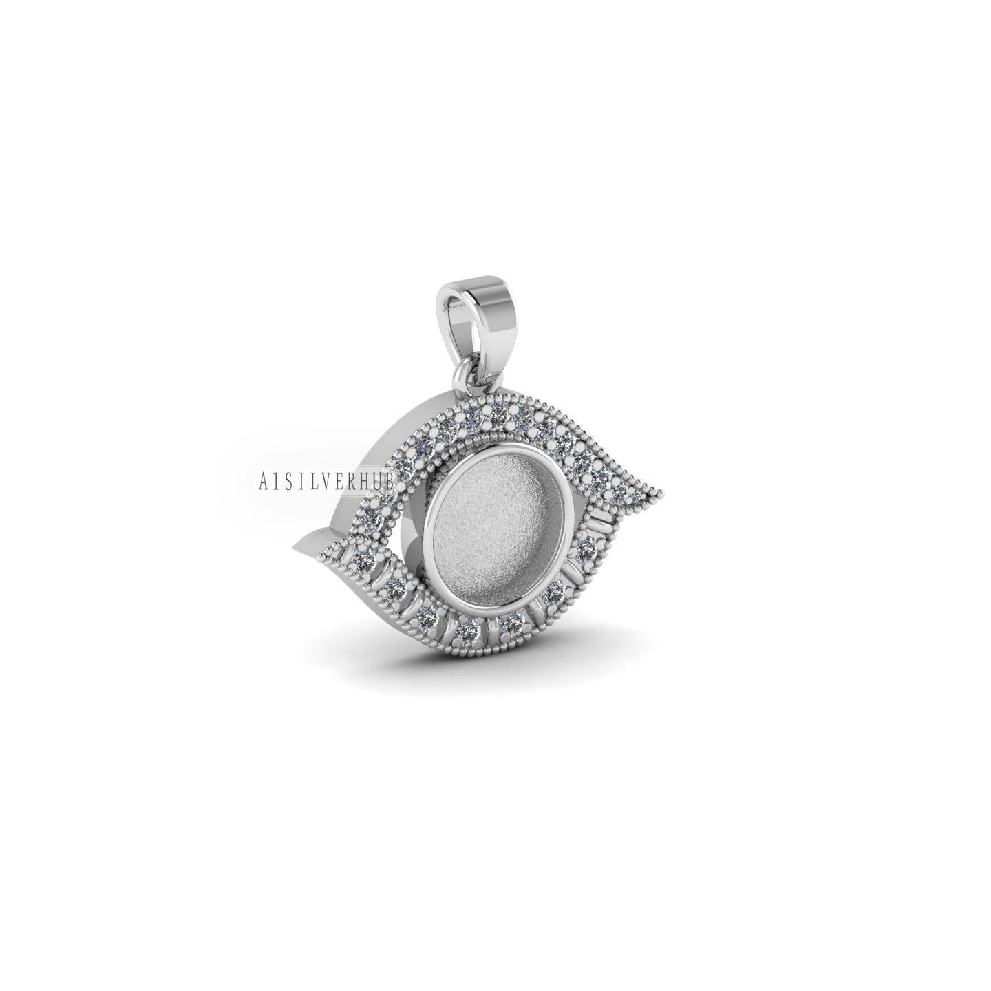 Evil Eye with Round 10mm Blank Bezel CZ Setted Pendant Setting, 925 Sterling Silver Pendant, Good for Resin & Ashes Work, Keepsake DIY Craft