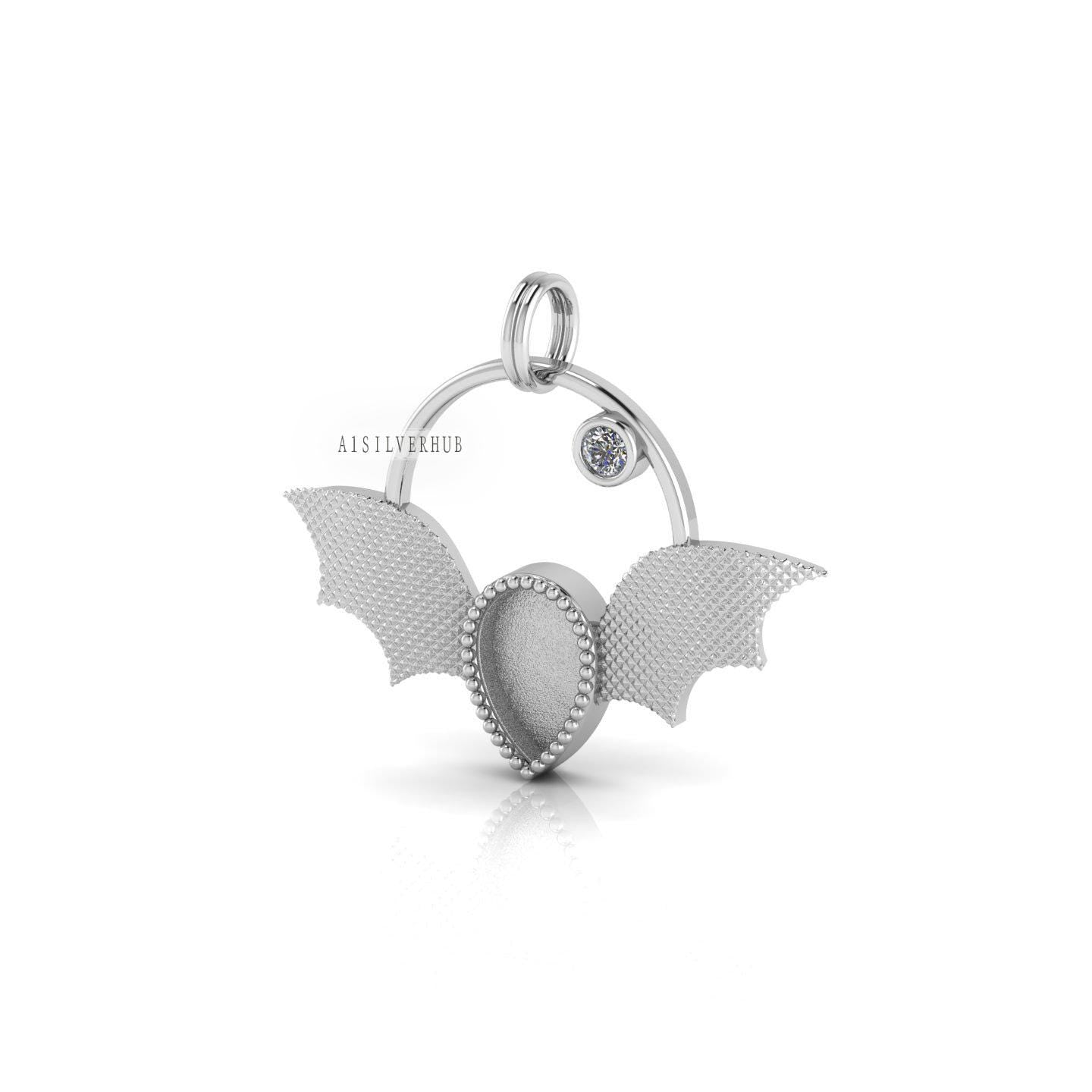 925 Sterling Silver Vampire Bat Pear 9x6mm Blank Bezel Pendant Settings, Good for Resin & Ashes Work, Memorial Keepsake/Breastmilk Crafts