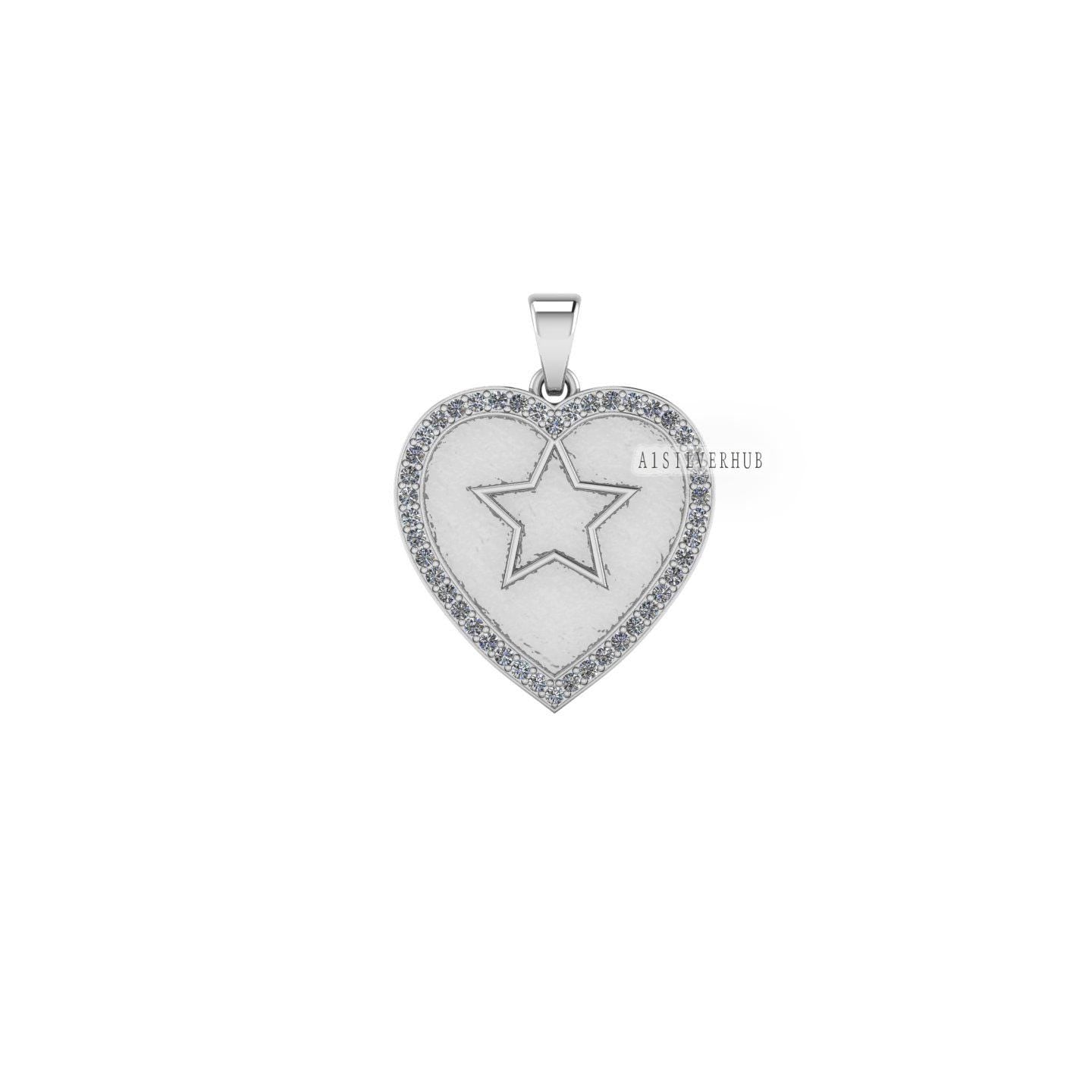 925 Sterling Silver, Heart Shape with Star Blank Bezel Pendant with CZ Setted, Good for Pour Resin & Ashes Work, Keepsake/Breastmilk DIY