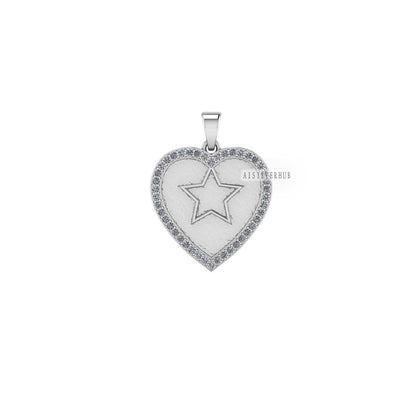 925 Sterling Silver, Heart Shape with Star Blank Bezel Pendant with CZ Setted, Good for Pour Resin & Ashes Work, Keepsake/Breastmilk DIY
