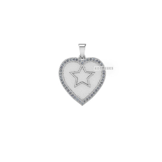 925 Sterling Silver, Heart Shape with Star Blank Bezel Pendant with CZ Setted, Good for Pour Resin & Ashes Work, Keepsake/Breastmilk DIY