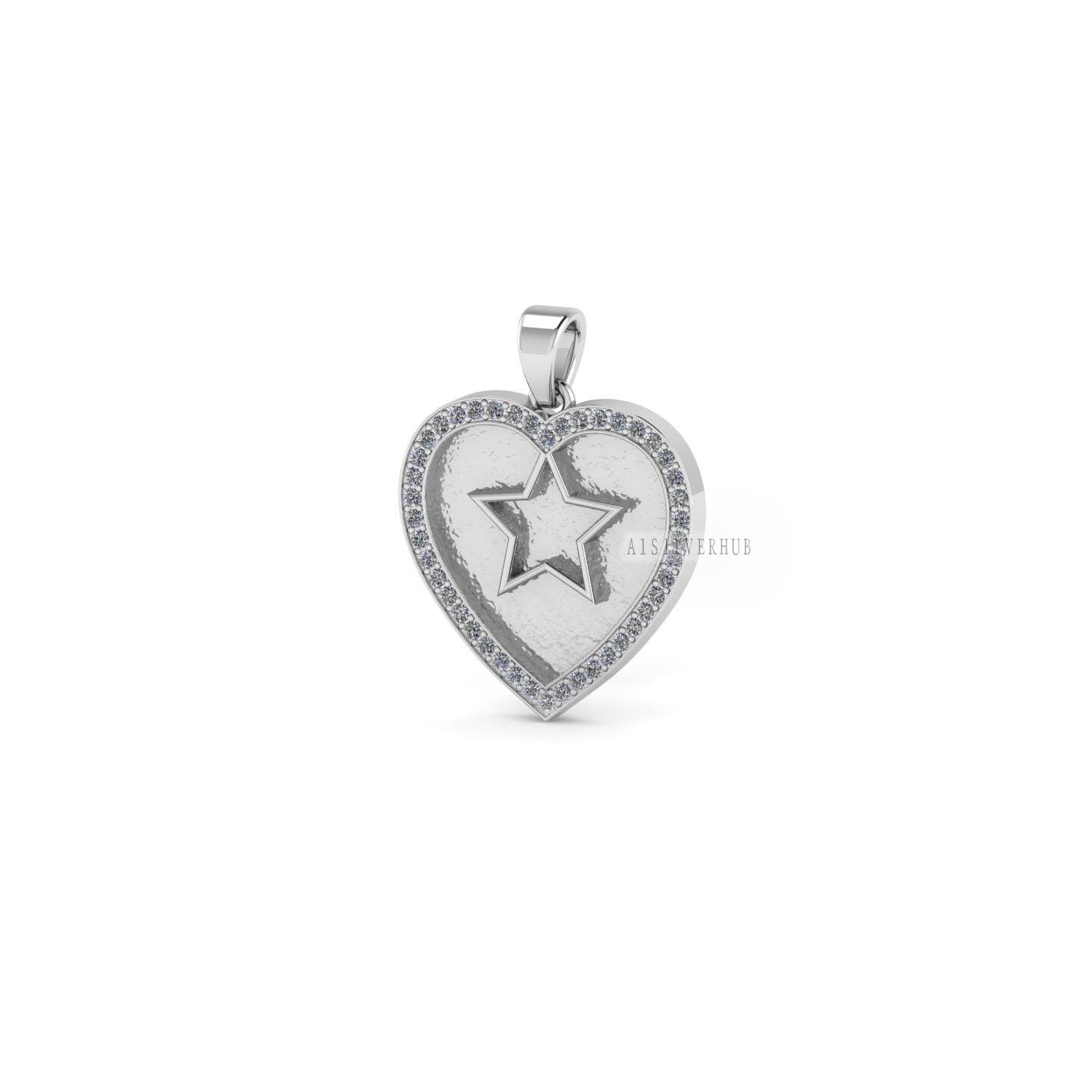 925 Sterling Silver, Heart Shape with Star Blank Bezel Pendant with CZ Setted, Good for Pour Resin & Ashes Work, Keepsake/Breastmilk DIY