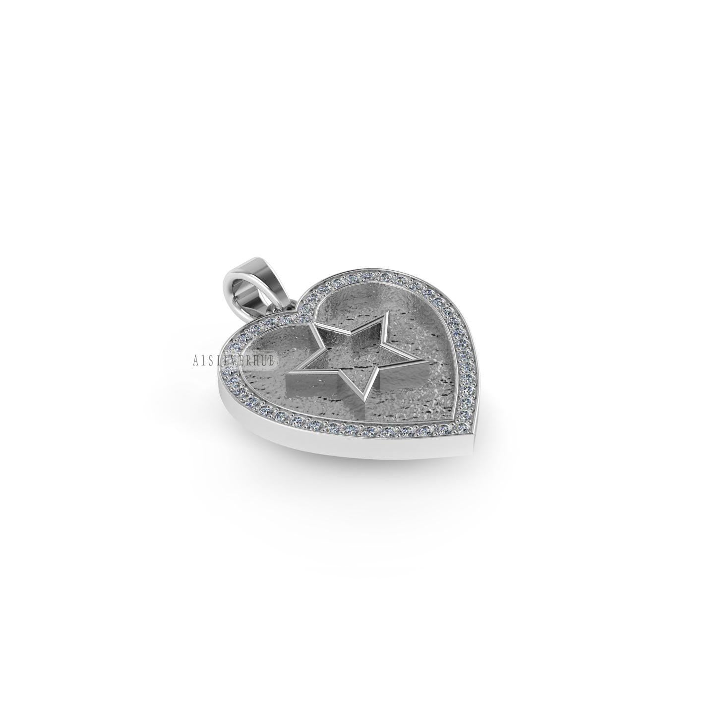 925 Sterling Silver, Heart Shape with Star Blank Bezel Pendant with CZ Setted, Good for Pour Resin & Ashes Work, Keepsake/Breastmilk DIY