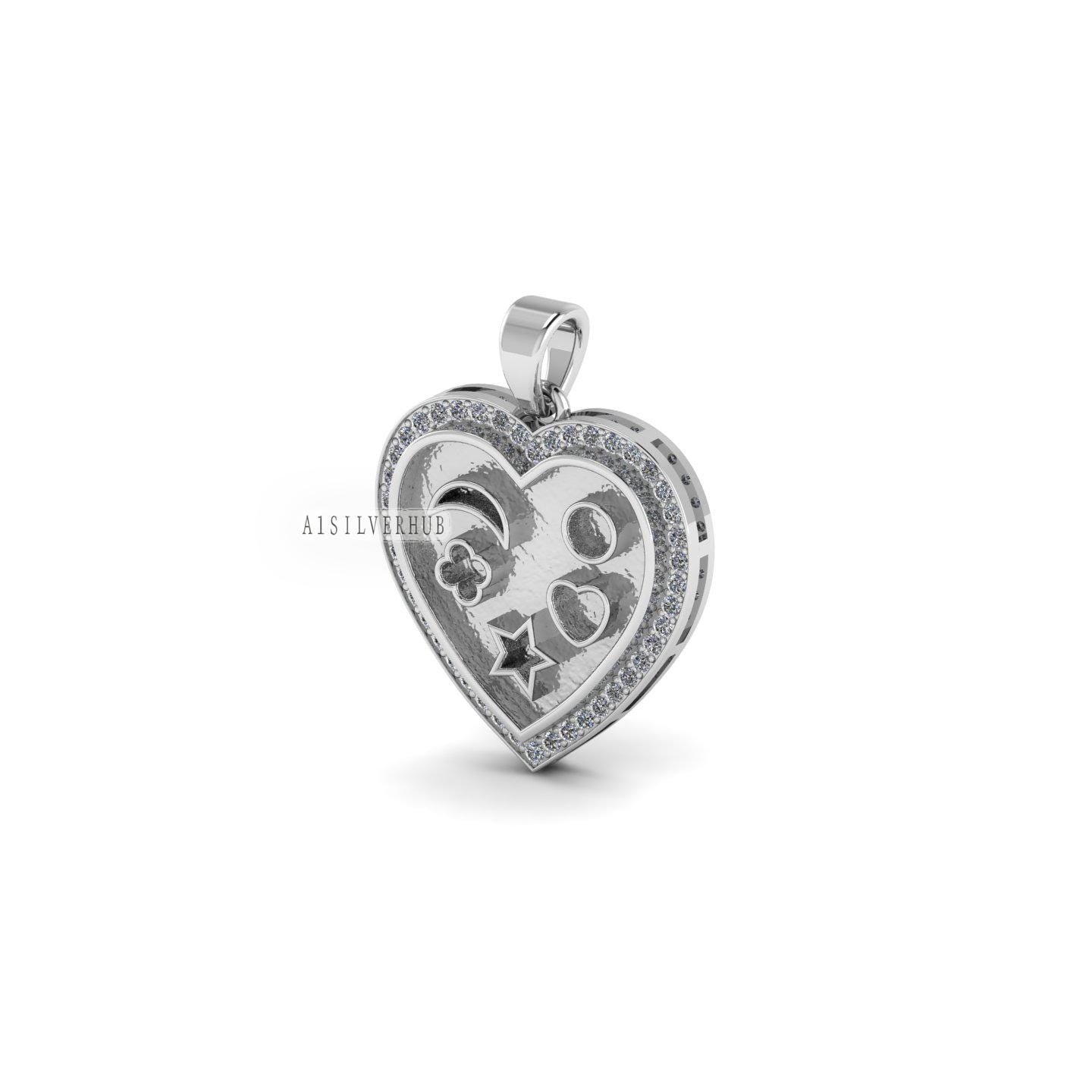 925 Sterling Silver, Heart with Mix Shape Blank Bezel Pendant with CZ Setted, Good for Pour Resin & Ashes Work, Keepsake/Breastmilk DIY