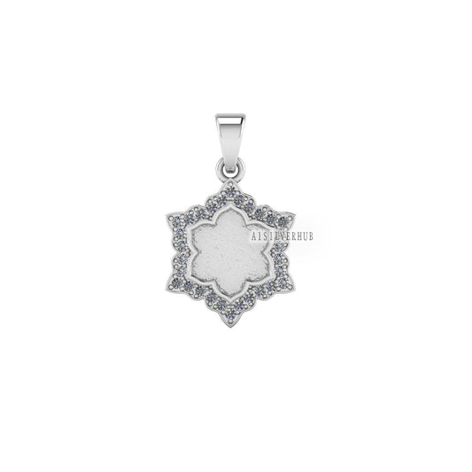 Designer Flower Blank Bezel Pendant with Zircon Setted, 925 Sterling Silver Pendant, Good for Resin & Ashes Work, Keepsake Jewelry DIY Craft