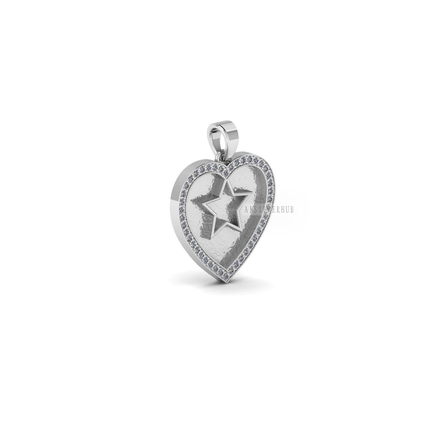 925 Sterling Silver, Heart Shape with Star Blank Bezel Pendant with CZ Setted, Good for Pour Resin & Ashes Work, Keepsake/Breastmilk DIY