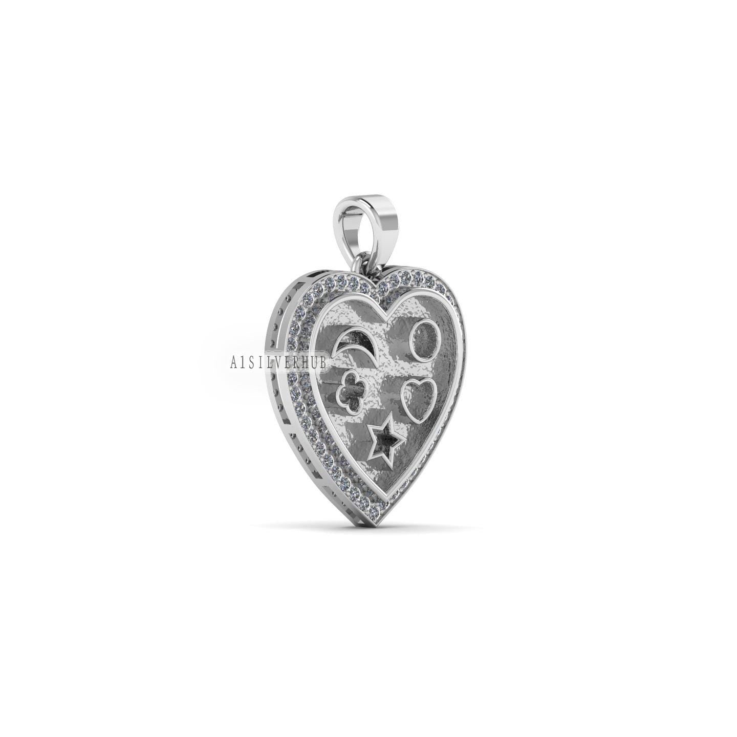 925 Sterling Silver, Heart with Mix Shape Blank Bezel Pendant with CZ Setted, Good for Pour Resin & Ashes Work, Keepsake/Breastmilk DIY