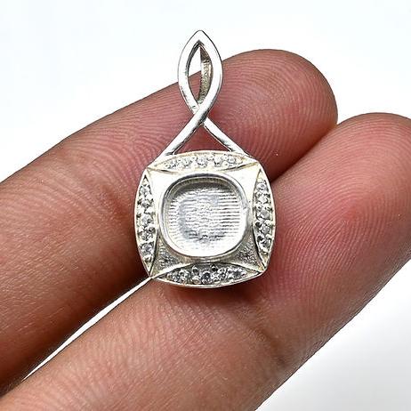 925 Sterling Silver Pendant, Cushion Shape Blank Bezel Pendant Zircon Setted, Good for Resin & Ashes Work, Keepsake Jewelry DIY Crafts