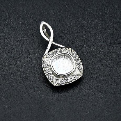 925 Sterling Silver Pendant, Cushion Shape Blank Bezel Pendant Zircon Setted, Good for Resin & Ashes Work, Keepsake Jewelry DIY Crafts