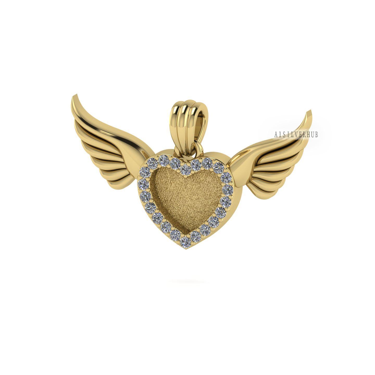 Heart Blank Bezel Zircon Setted Angel Wings Pendant Setting, 925 Sterling Silver, Good for Crush Opal, Resin & Ashes DIY, Keepsake Locket