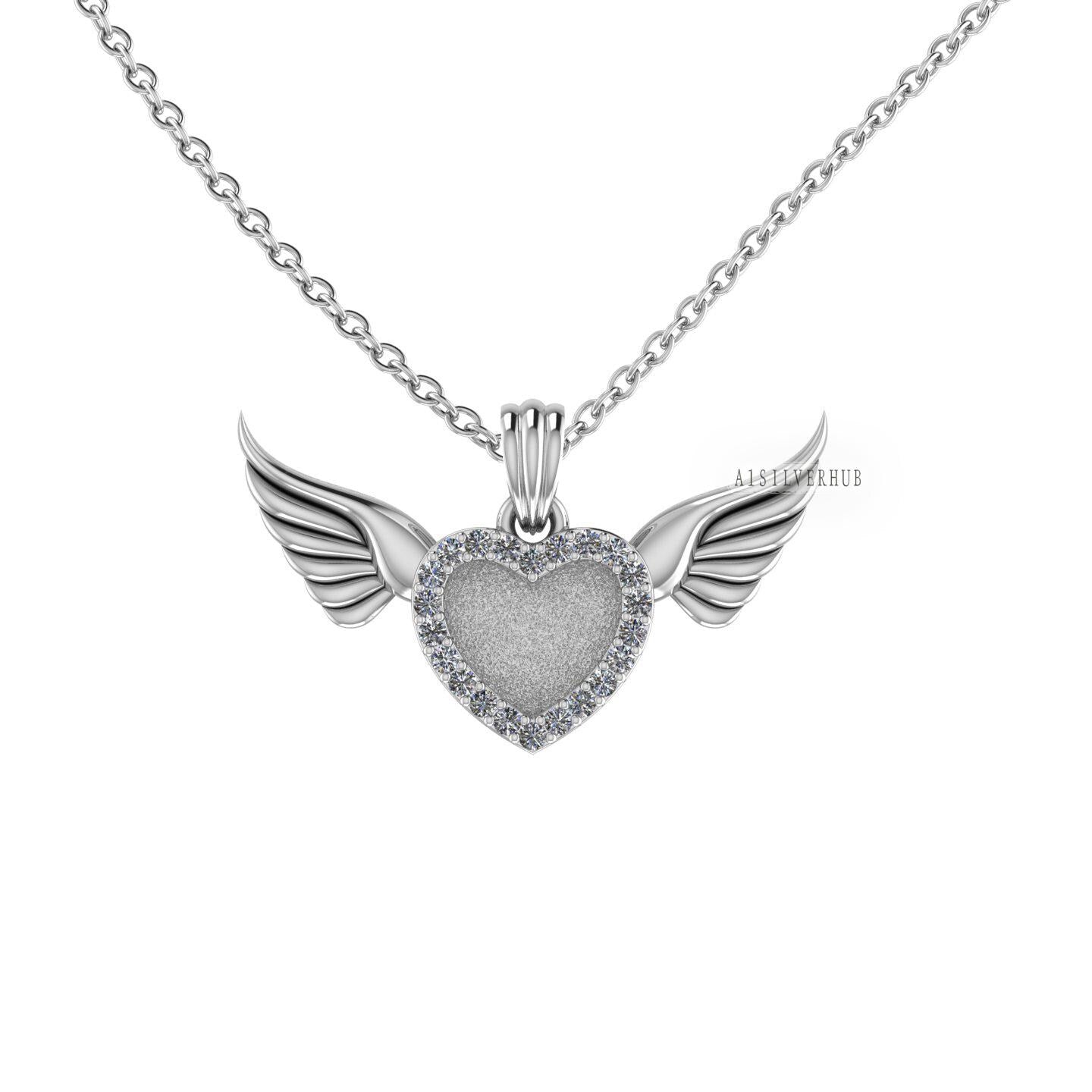 Heart Blank Bezel Zircon Setted Angel Wings Pendant Setting, 925 Sterling Silver, Good for Crush Opal, Resin & Ashes DIY, Keepsake Locket