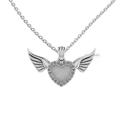 Heart Blank Bezel Zircon Setted Angel Wings Pendant Setting, 925 Sterling Silver, Good for Crush Opal, Resin & Ashes DIY, Keepsake Locket