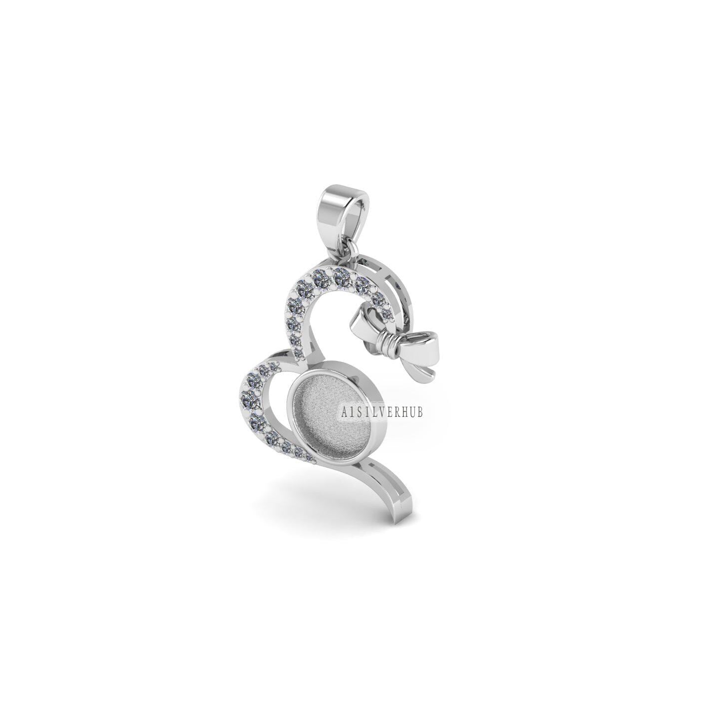 Heart with Knot Round 8mm Blank Bezel Pendant CZ Setted, 925 Sterling Silver, Good for Stone, Resin & Ashes Work, Keepsake Breast Milk DIY