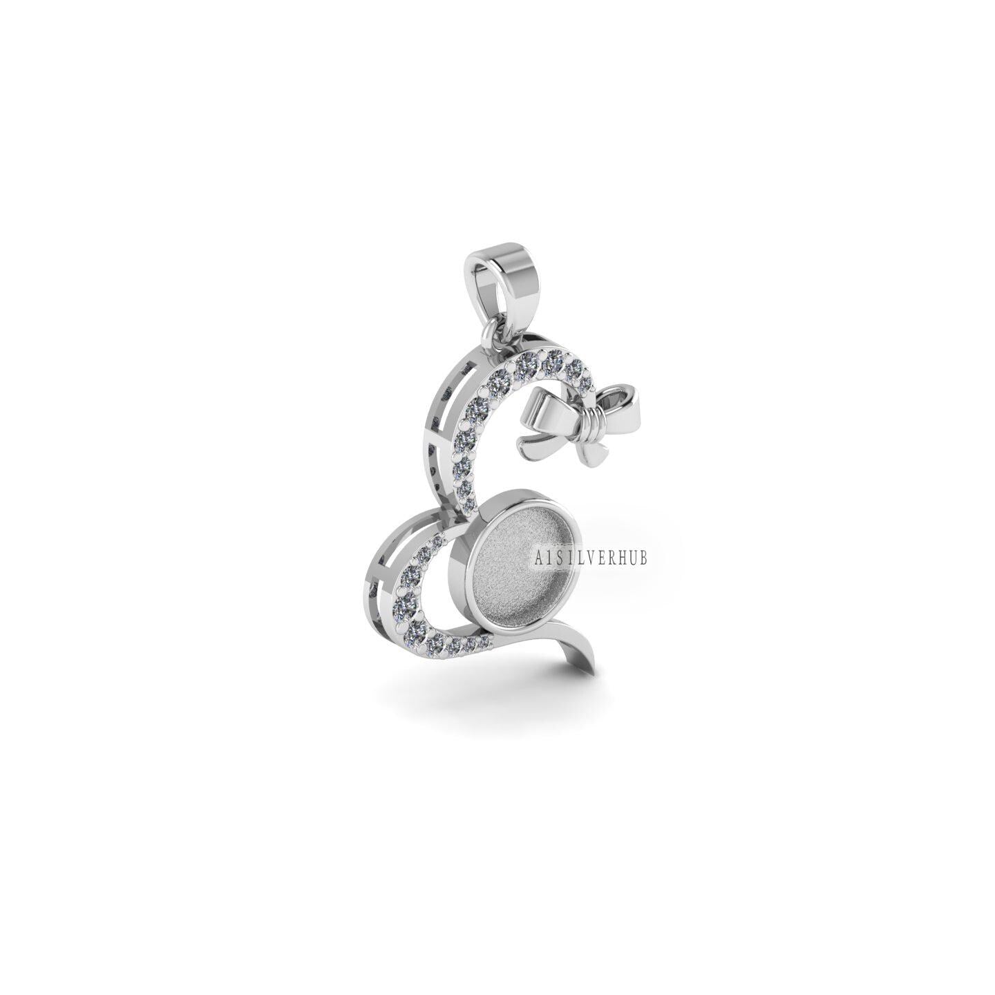 Heart with Knot Round 8mm Blank Bezel Pendant CZ Setted, 925 Sterling Silver, Good for Stone, Resin & Ashes Work, Keepsake Breast Milk DIY