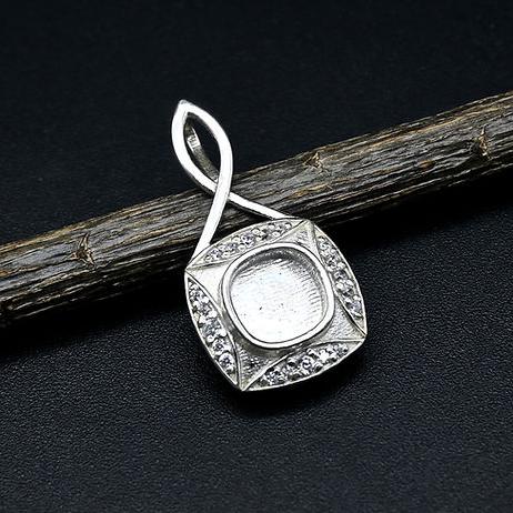 925 Sterling Silver Pendant, Cushion Shape Blank Bezel Pendant Zircon Setted, Good for Resin & Ashes Work, Keepsake Jewelry DIY Crafts